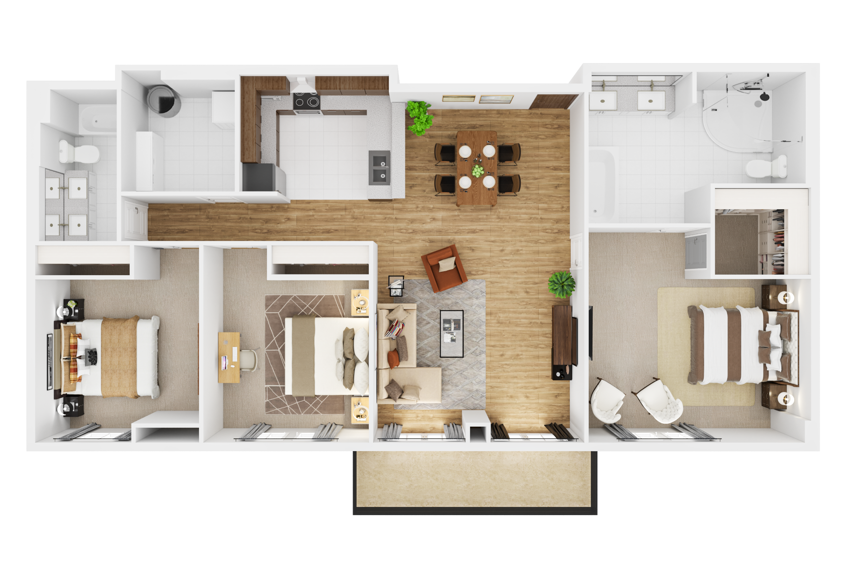Floor plan for 3 beds, 2 baths, 1570 sqft